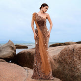 Elegant Bandeau Long Sequined One Shoulder Diagonal Collar Cocktail Evening Dress Bridesmaid Dress